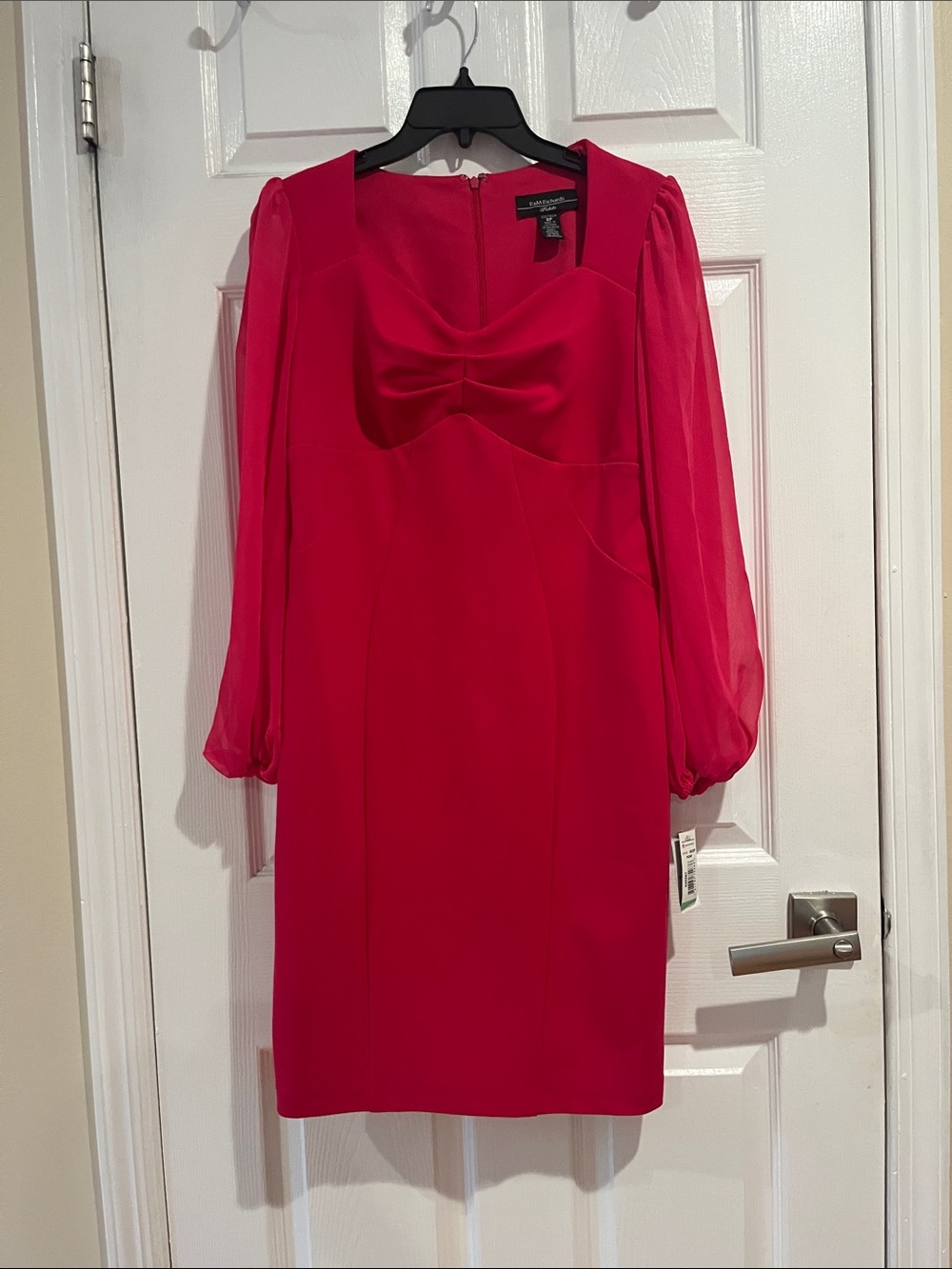 R&M Richards Bright Red Long-Sleeve Sheer-Sleeve Cocktail Dress